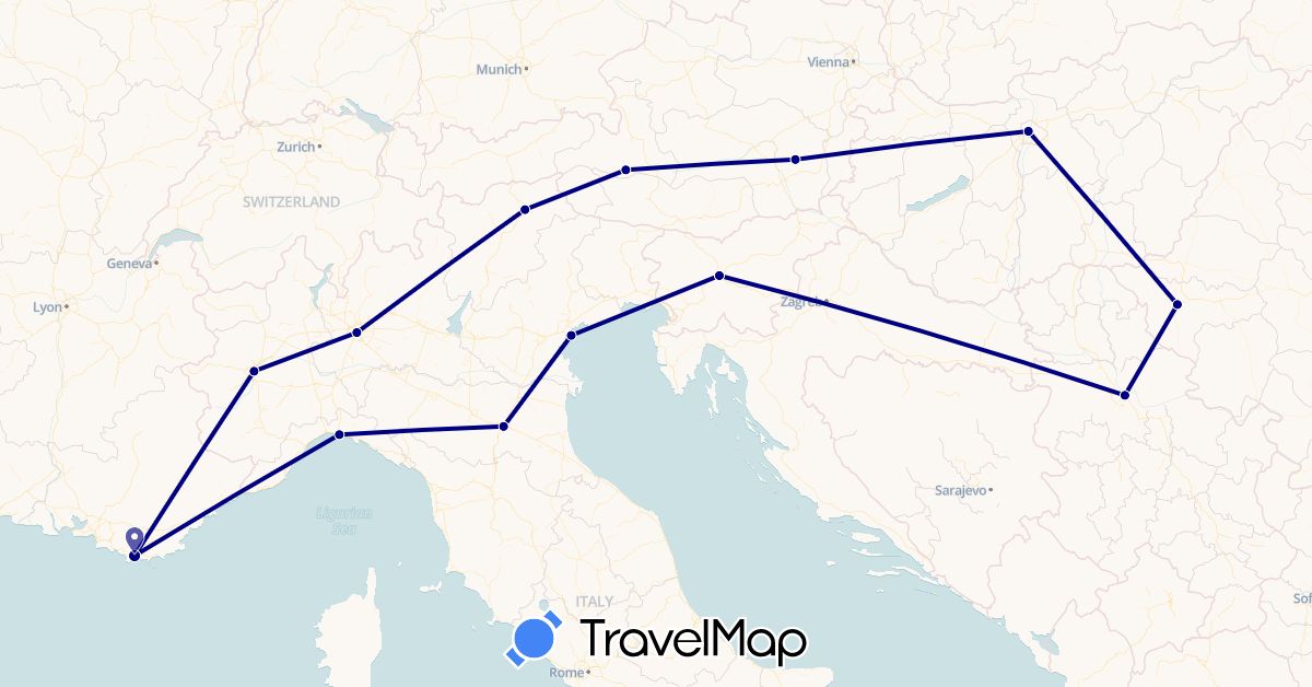 TravelMap itinerary: driving in Austria, France, Hungary, Italy, Romania, Serbia, Slovenia (Europe)